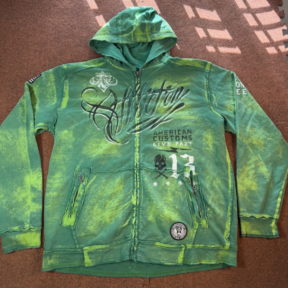 Affliction American Customs Hoodie Mens XL Green Acid Wash Zip Up Skull Y2K MMA